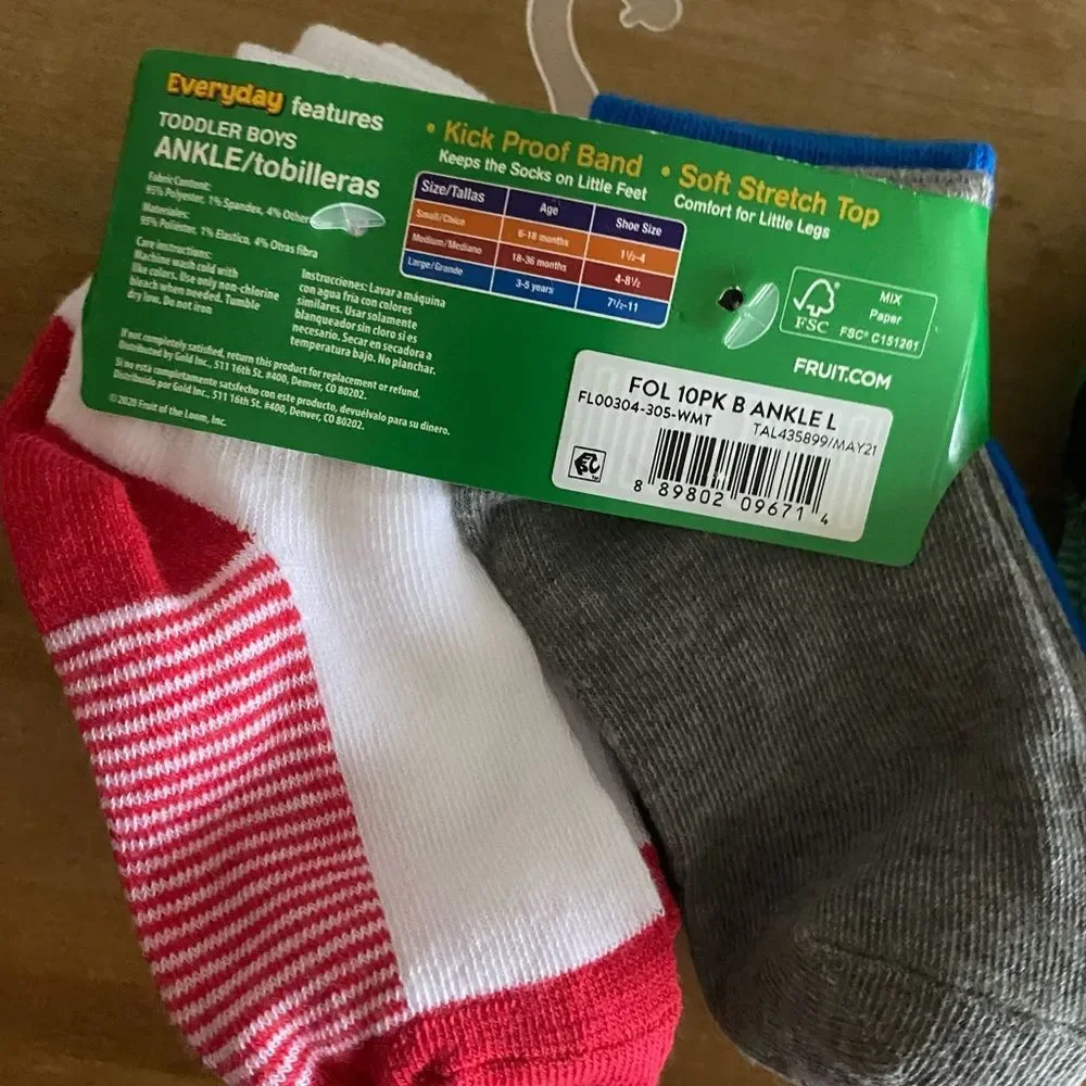 Fruit of the Loom Toddler Boy Ankle Socks 3-5 years shoe size 7.5-11t 20 pairs